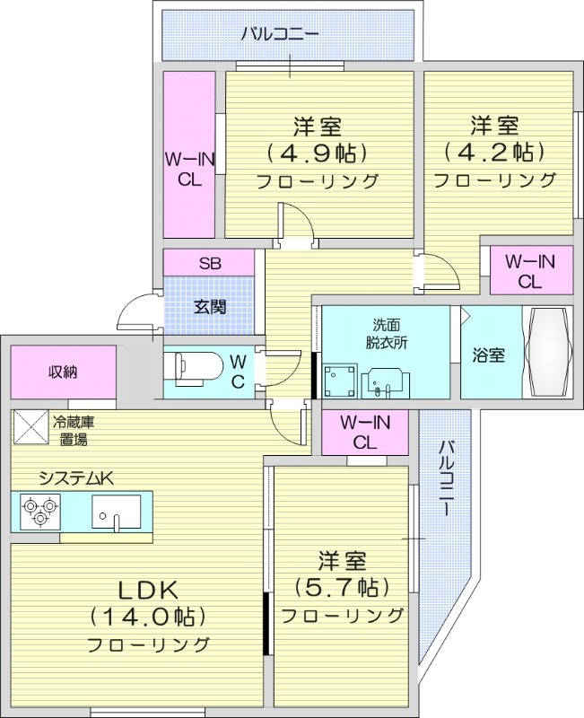 3LDK、エアコン、システムキッチン、ネット無料