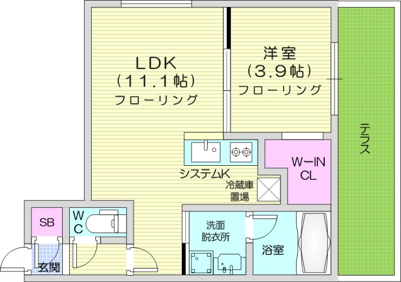 1LDK、エアコン、システムキッチン、ネット無料