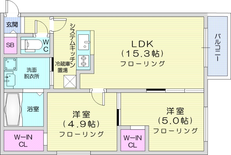 2LDK、エアコン、システムキッチン、ネット無料