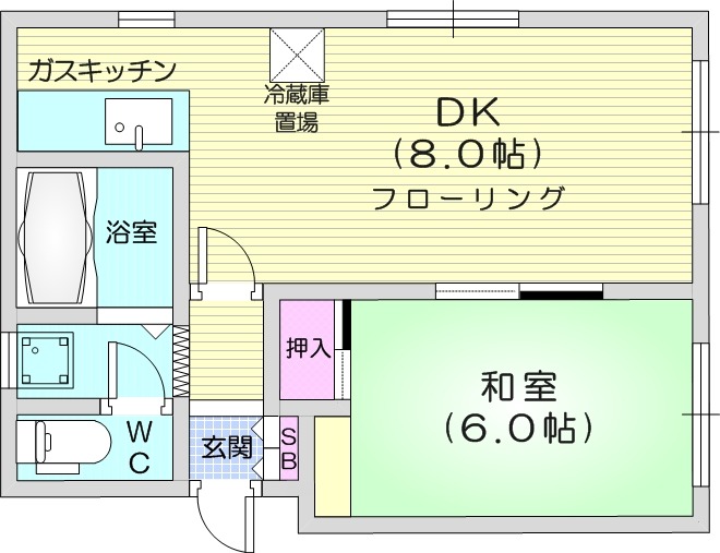 1LDK、バス・トイレ別、灯油暖房、室内洗濯機置場