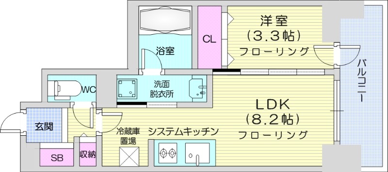 1LDK、分譲賃貸、都市ガス、床暖房、エアコン、追い焚き