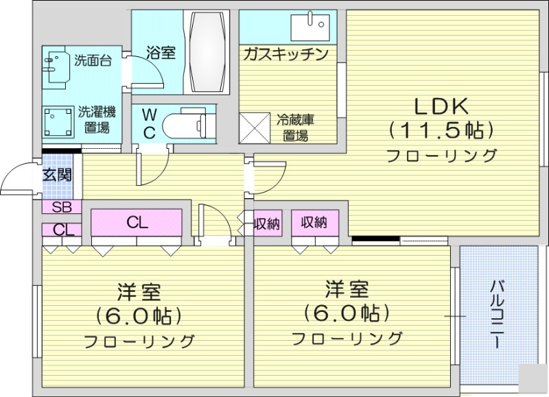 2LDK、独立洗面台、オートロック、バストイレ別