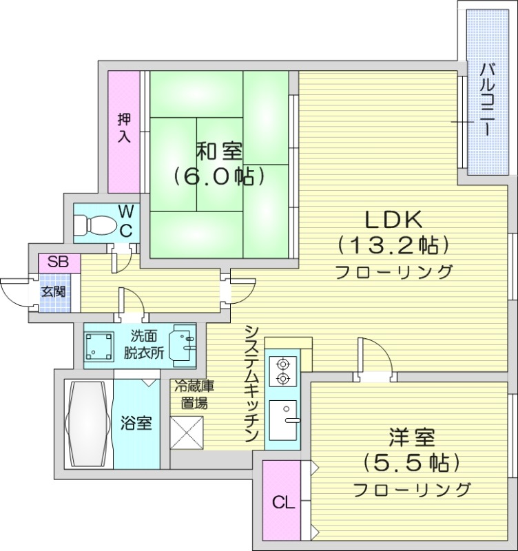 2LDK、エアコン、システムキッチン、独立洗面台
