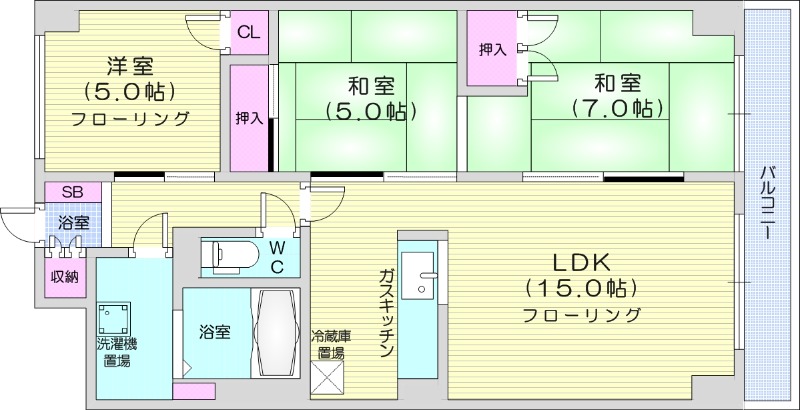 3LDK、エアコン、都市ガス、オートロック、バルコニー