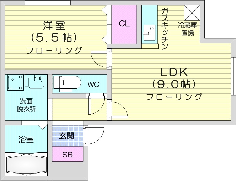 1LDK、灯油暖房、独立洗面台、バストイレ別