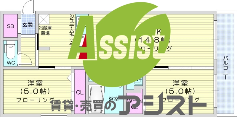 2LDK、エアコン、都市ガス、システムキッチン