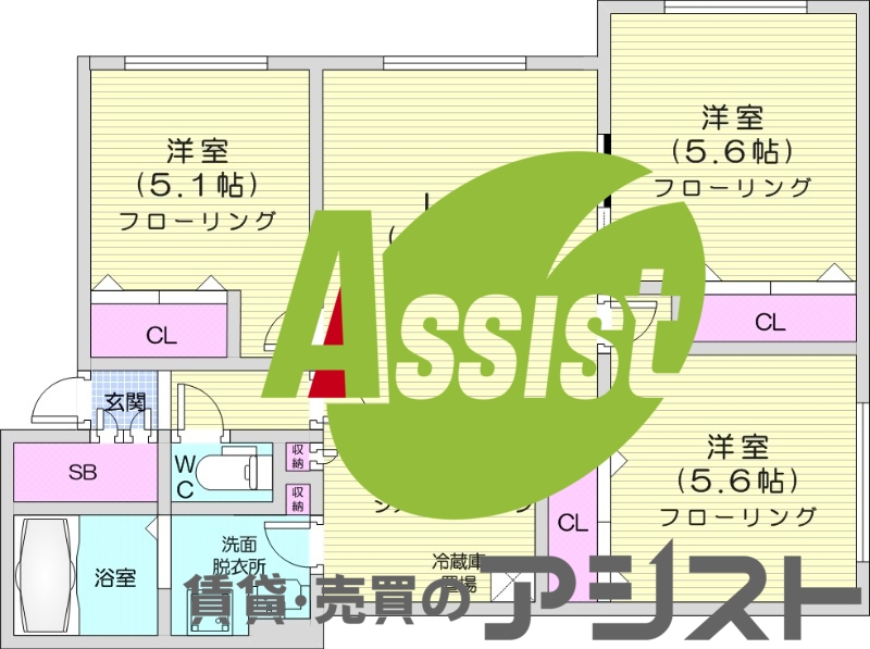 3LDK、エアコン、灯油暖房、対面キッチン