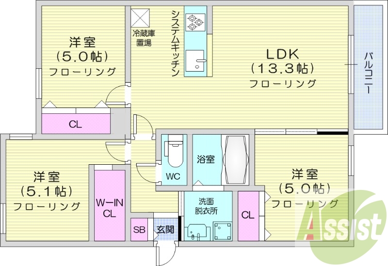 3LDK、都市ガス、エアコン、システムキッチン