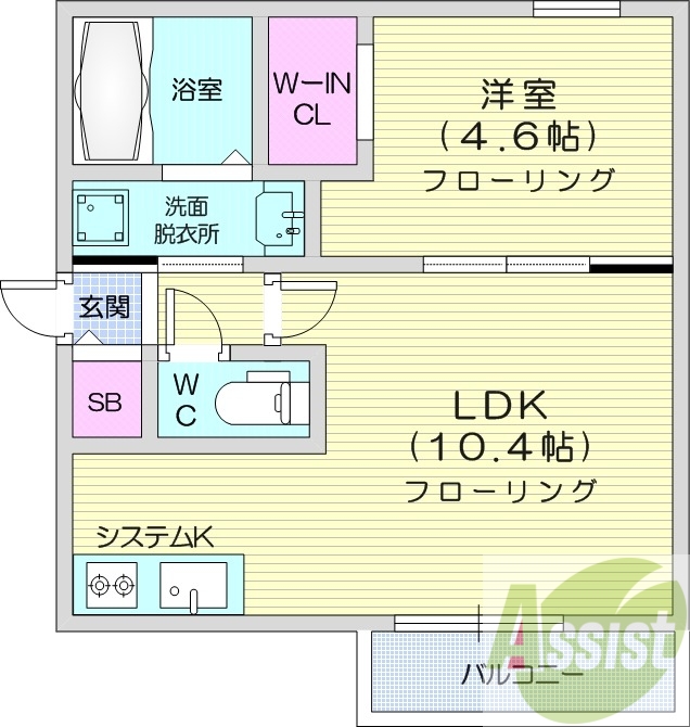 1LDK、都市ガス、エアコン、システムキッチン