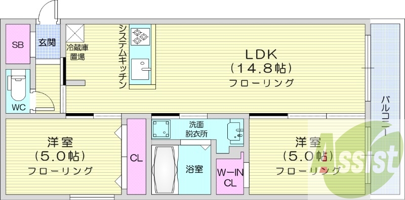 2LDK、エアコン、都市ガス、システムキッチン