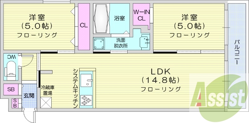 2LDK、エアコン、都市ガス、システムキッチン
