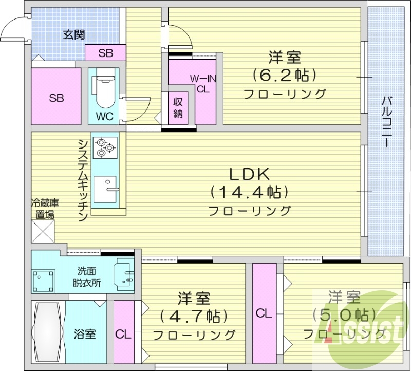 3LDK、エアコン、都市ガス、システムキッチン