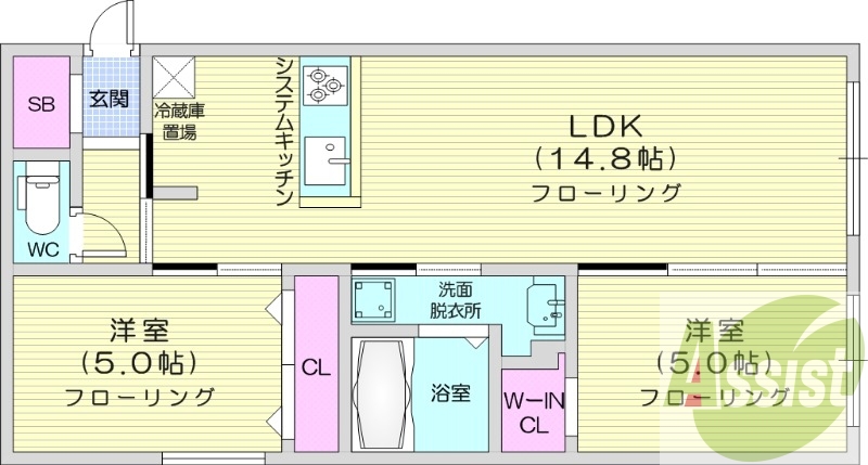 2LDK、エアコン、都市ガス、システムキッチン