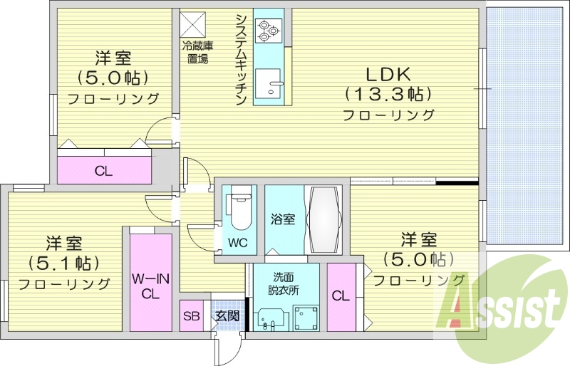 3LDK、都市ガス、エアコン、システムキッチン