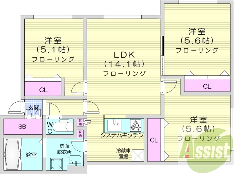 3LDK、エアコン、灯油暖房、対面キッチン
