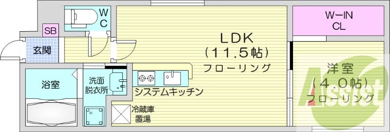 1LDK、エアコン、都市ガス、システムキッチン