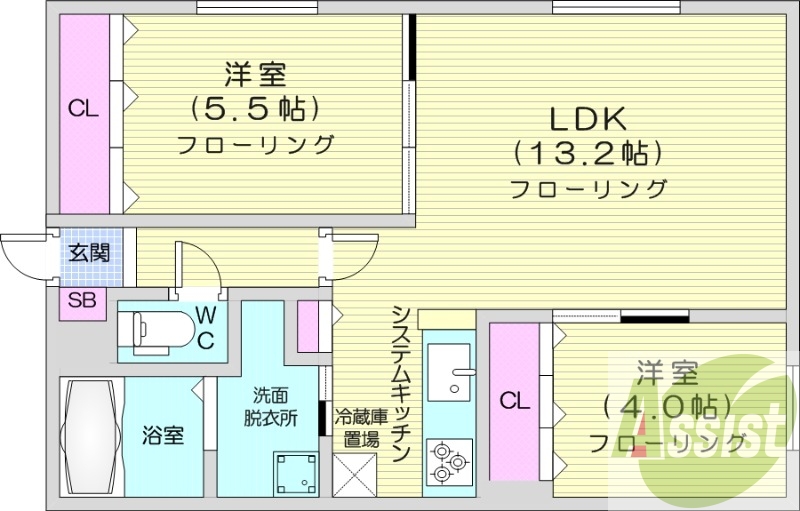 2LDK、エアコン、都市ガス、システムキッチン