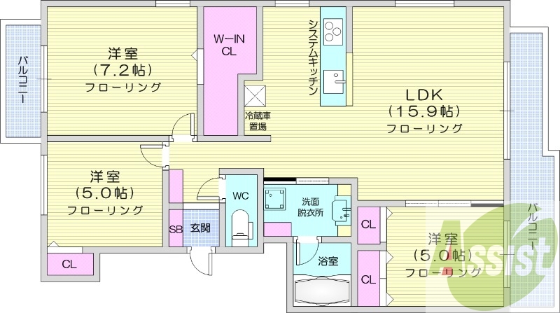 3LDK、都市ガス、分譲タイプ、追い焚き、浴室乾燥機