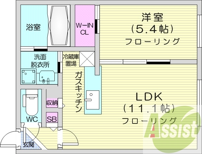 1LDK、エアコン、都市ガス、システムキッチン
