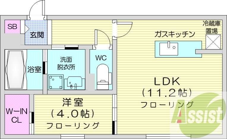 1LDK、エアコン、都市ガス、システムキッチン