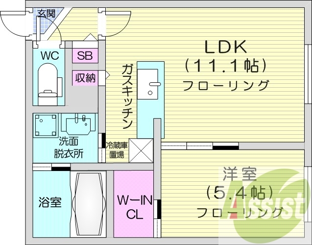 1LDK、エアコン、都市ガス、システムキッチン