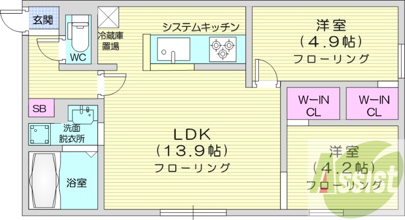 2LDK、エアコン、独立洗面台、システムキッチン、