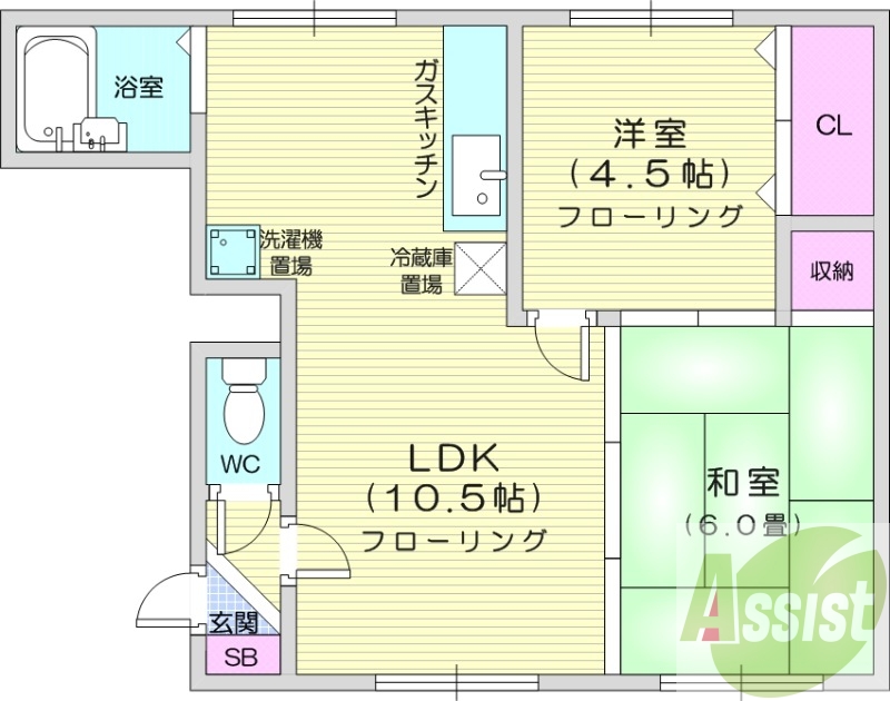 2LDK、灯油暖房、洗面台、ガスキッチン
