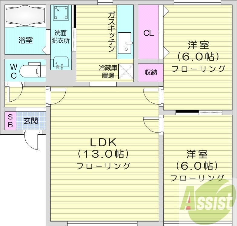 2LDK、エアコン、独立洗面台、ガスキッチン