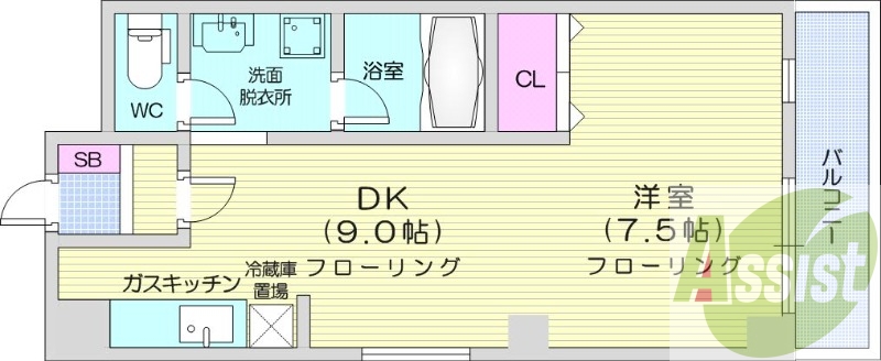 1DK、バストイレ別、ネット無料、バルコニー