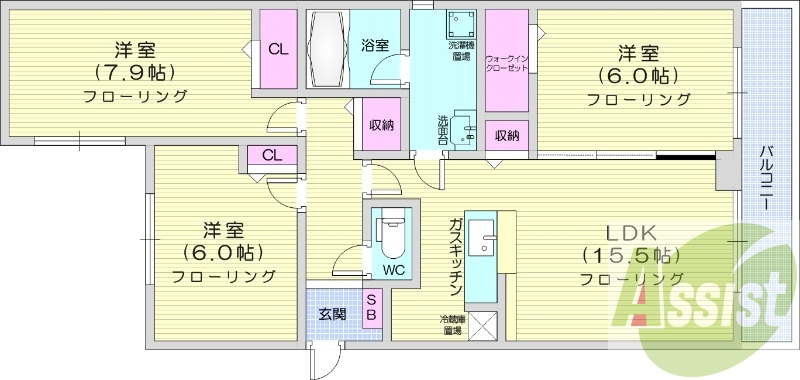 3LDK、オートロック、角部屋、都市ガス