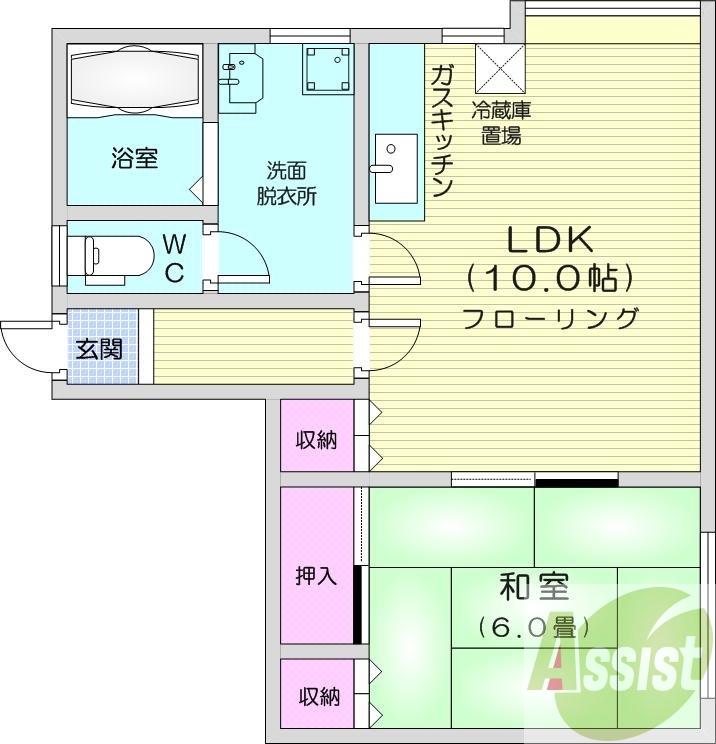 1LDK、バストイレ別、ガス暖房、ペット可