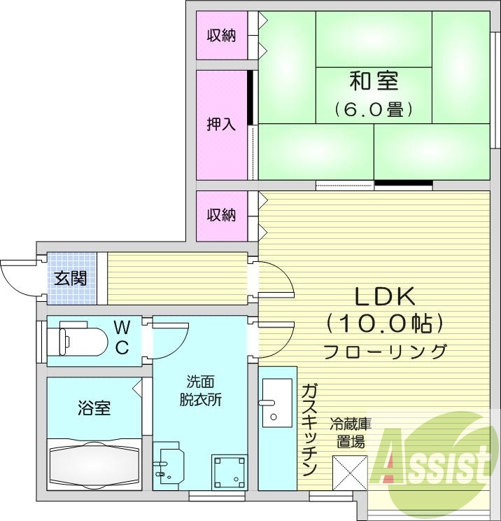1LDK、バストイレ別、ガス暖房、ペット可