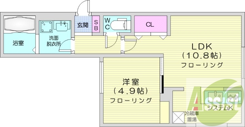 1LDK、独立洗面台、灯油暖房、システムキッチン