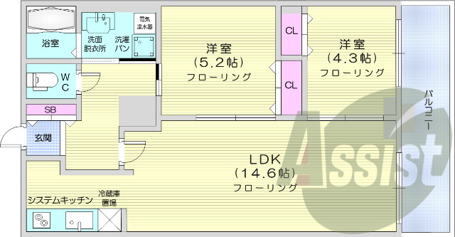 2LDK、オール電化、バルコニー、電気暖房