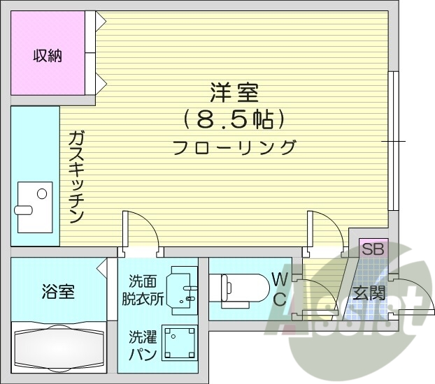 1LDK、バストイレ別、洗面化粧台、TVモニターホン