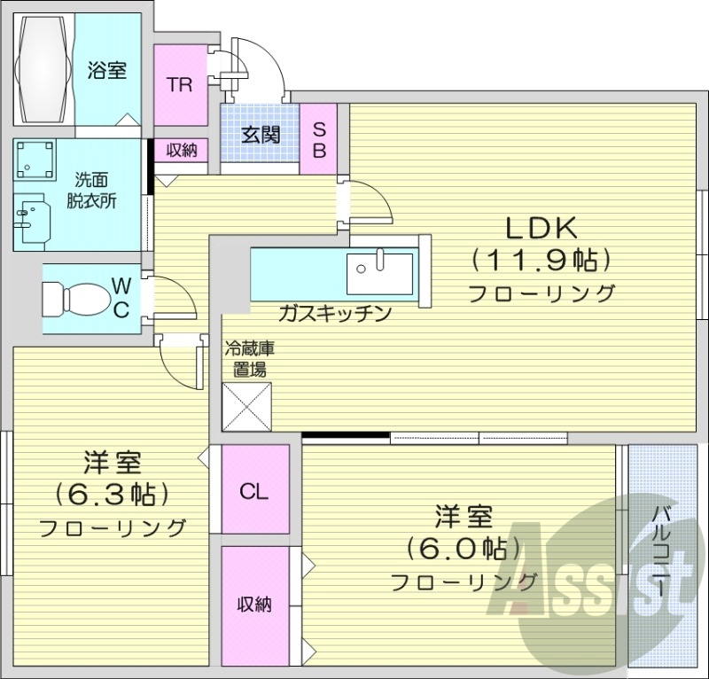 2LDK、モニターホン、洗髪洗面化粧台、収納