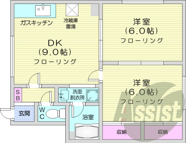 2DK、シャンプードレッサー、独立洗面台