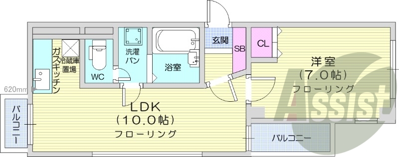 １LDK収納スペース、ユニットバス、バルコニー