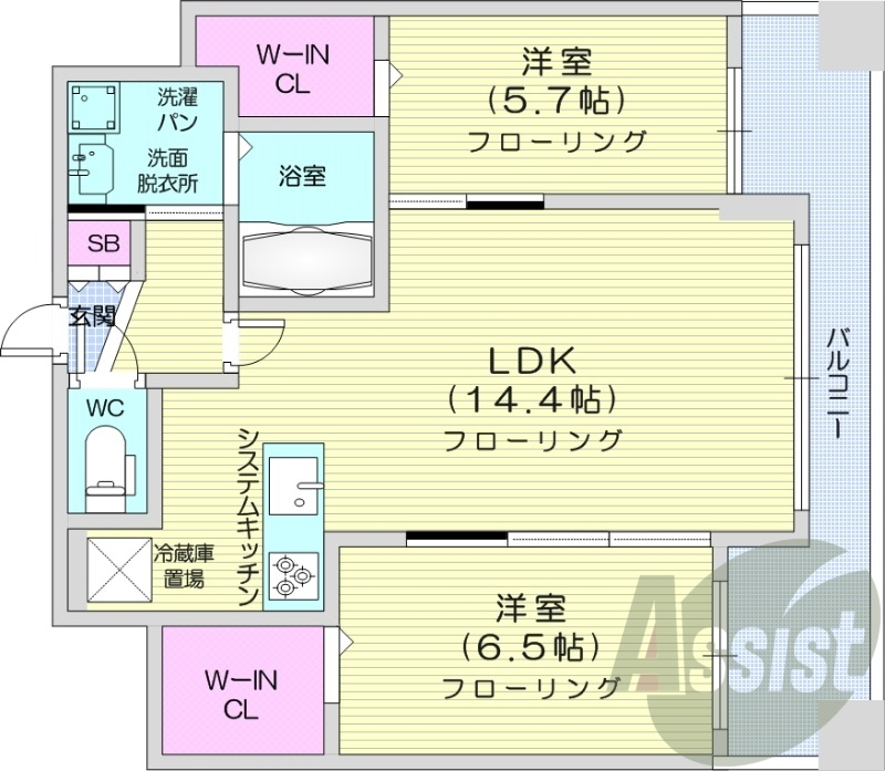 2LDK、ウォークインクローゼット、システムキッチン