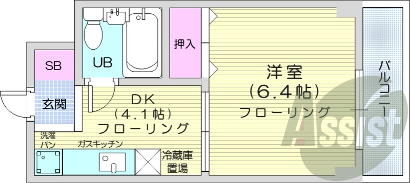 １DK、バルコニー、ユニットバス、ガスキッチン