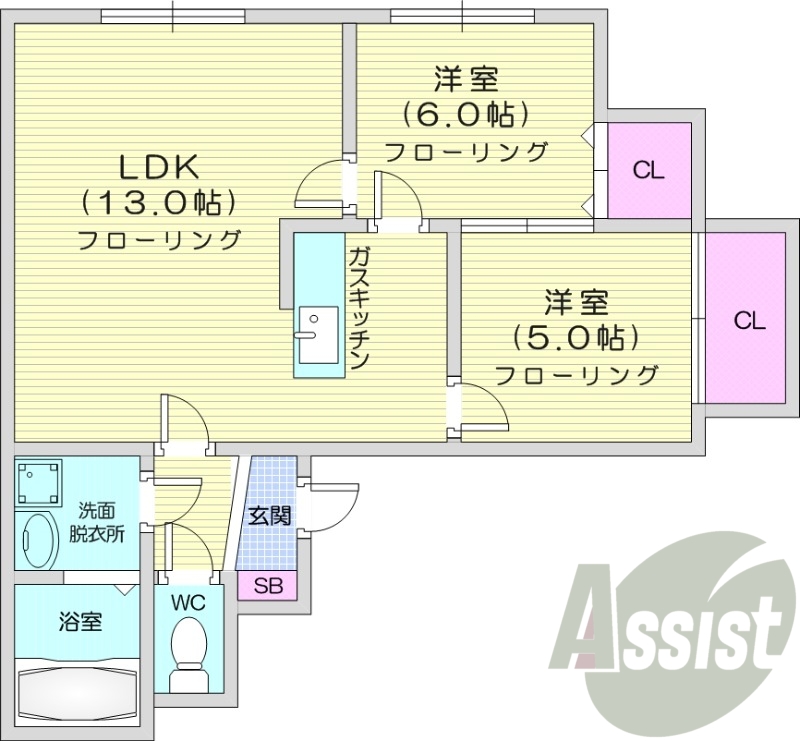 2LDK、都市ガス、ネット使用料無料、灯油暖房