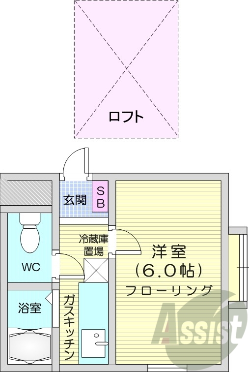 1K、ロフト、灯油暖房、洗濯機置場、角部屋