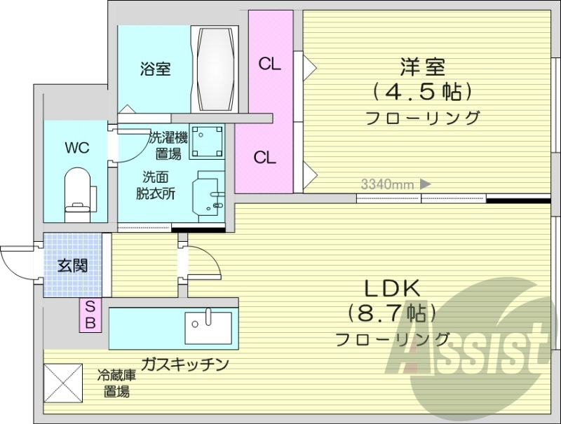 1LDK、浴室乾燥機、シューズボックス、クローゼット