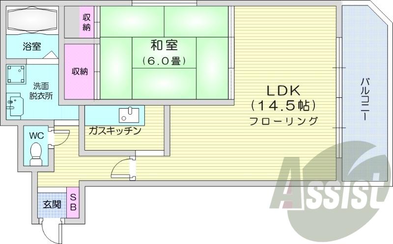 1LDK、角部屋、バストイレ別、ネット無料