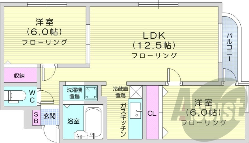 2LDK、灯油暖房、オートロック、バルコニー