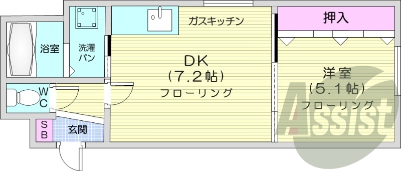 1DK、角部屋、バストイレ別、シューズボックス