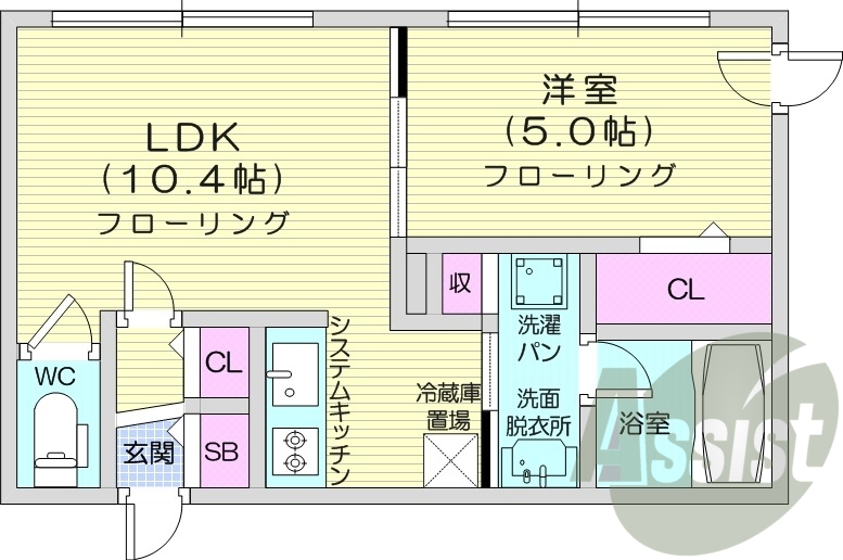 1LDK、TVインターホン、防犯カメラ、システムキッチン