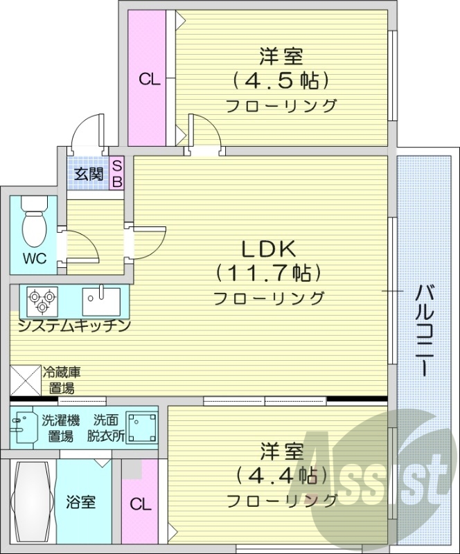 2LDK、都市ガス、オートロック、エアコン