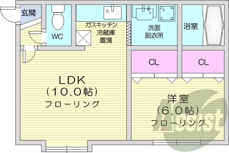 1LDK、CL２個、バストイレ別、洗面脱衣所