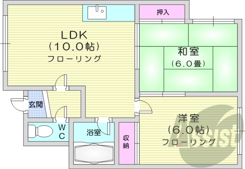 2LDK、収納、洗濯機置場、灯油暖房、都市ガス